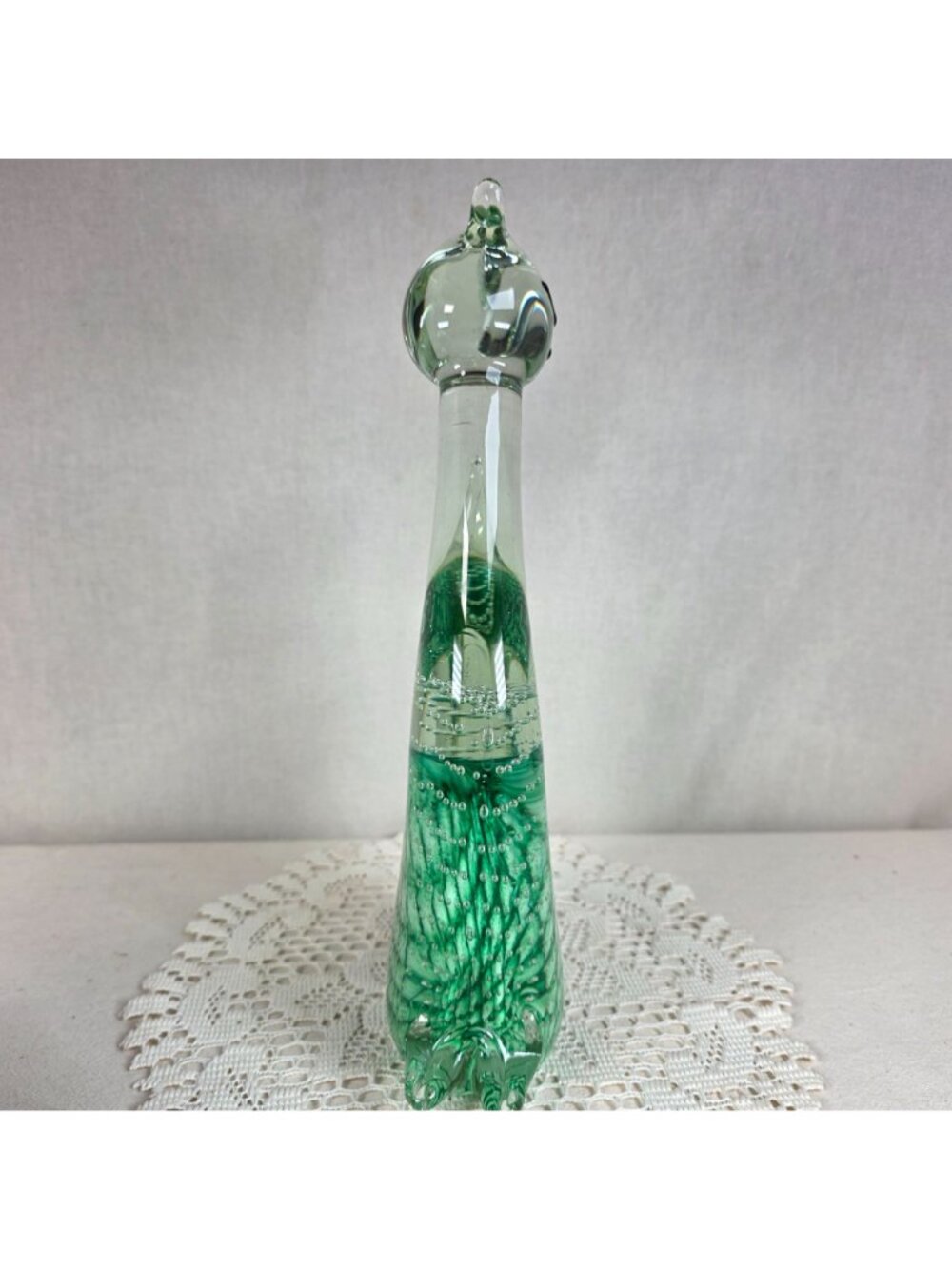 Large Vintage Art Glass Cat Sculpture Green Controlled Bubble Latticino 12" Tall - Picture 7 of 9